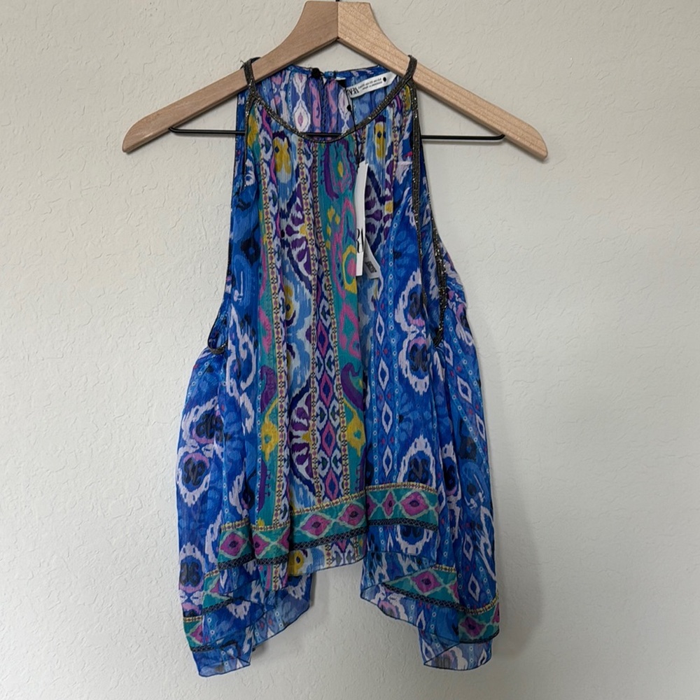 Zara Blue Asymmetrical Blouse with Tie Front